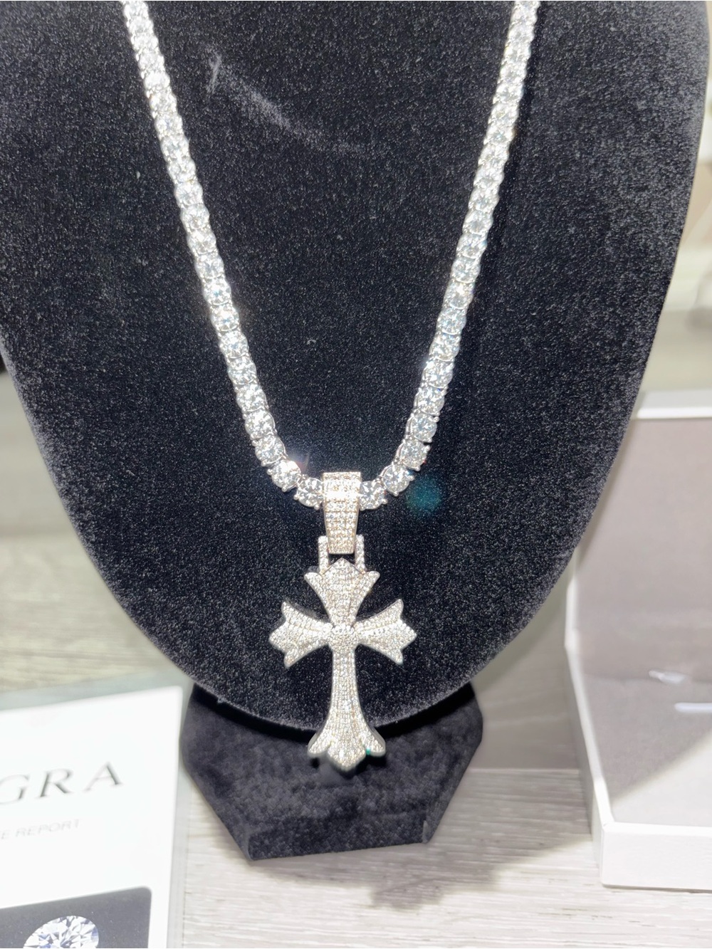 Brand New Custom 5mm VVS Moissanite 22” Tennis Chain & Cross Pendant Set
